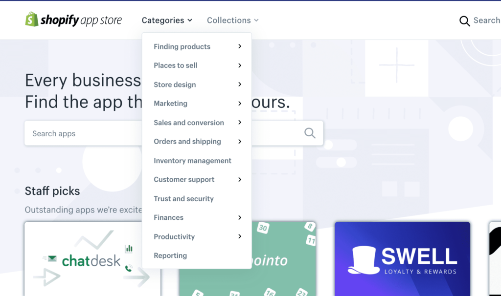 shopify app store categories